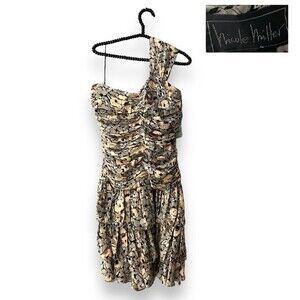 1990s Vintage Nicole Miller Silk Dress Rare One Shoulder Ruched Floral Bow 12